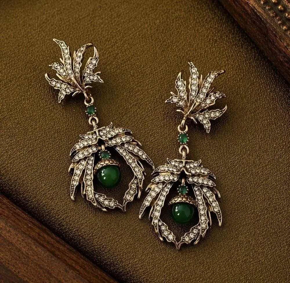Art Nouveau Leaf VTG Antique Museum Medieval CZ Cabochon Deco Gold Court Palace