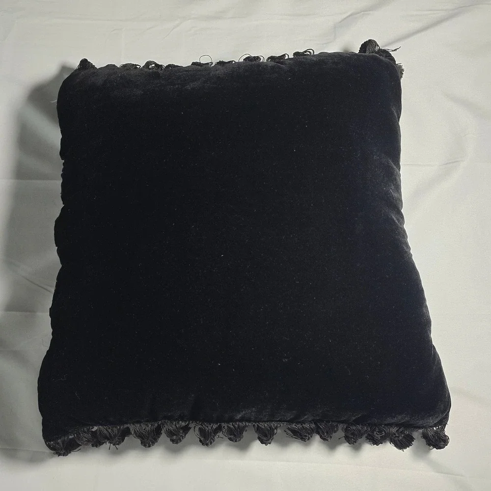 Black Velvet Damask Floral Throw Pillow Tassel Fringe Gothic Square Accent 16in