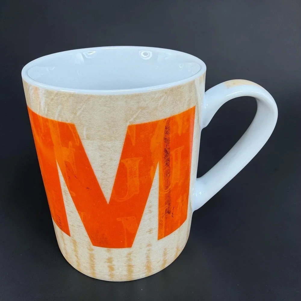Pier 1 Imports Porcelain Coffee Mug Letter M Monogram Orange Tan Wood Grain 4in