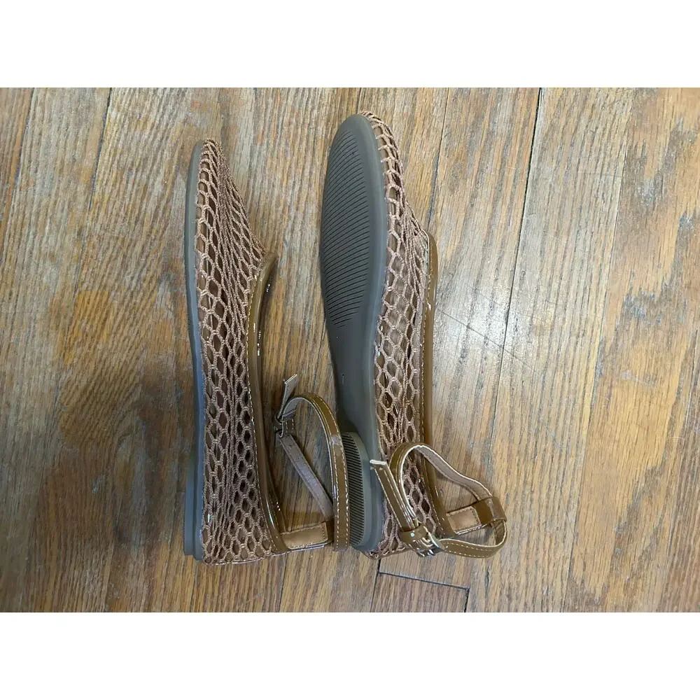 Mesh Ankle Strap Ballet Flats Mary Jane Size 7 Tan Round Toe NEW
