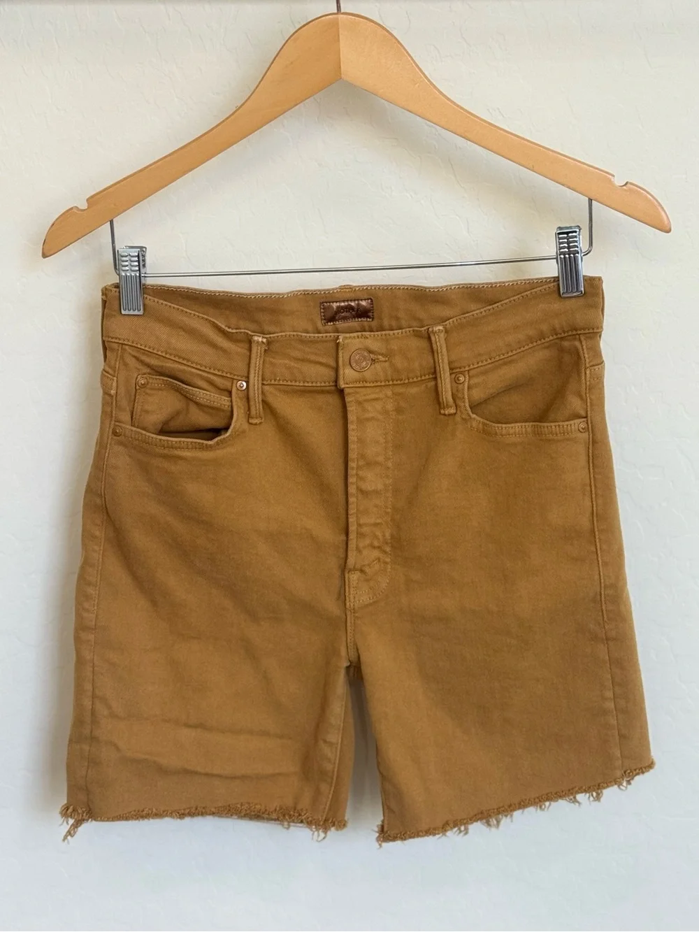 MOTHER High Waisted Rascal Distressed Denim Cutoff Shorts Buckthorn Brown Sz 29