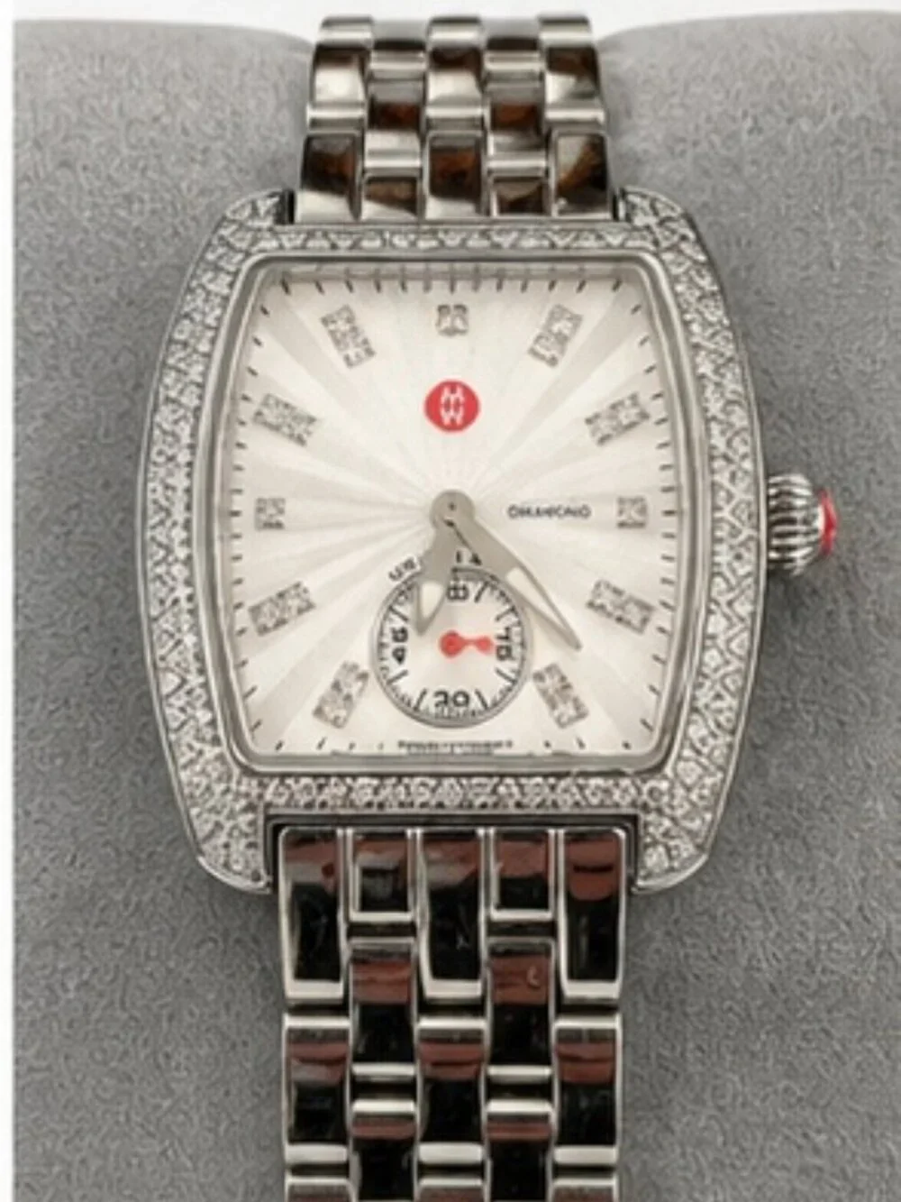 MICHELE Diamond Deco Watch Stainless Steel Swiss w/Box & Extra Links