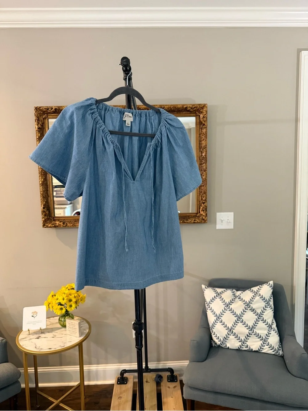 J. Crew Blue Chambray Peasant Tie-Neck Blouse