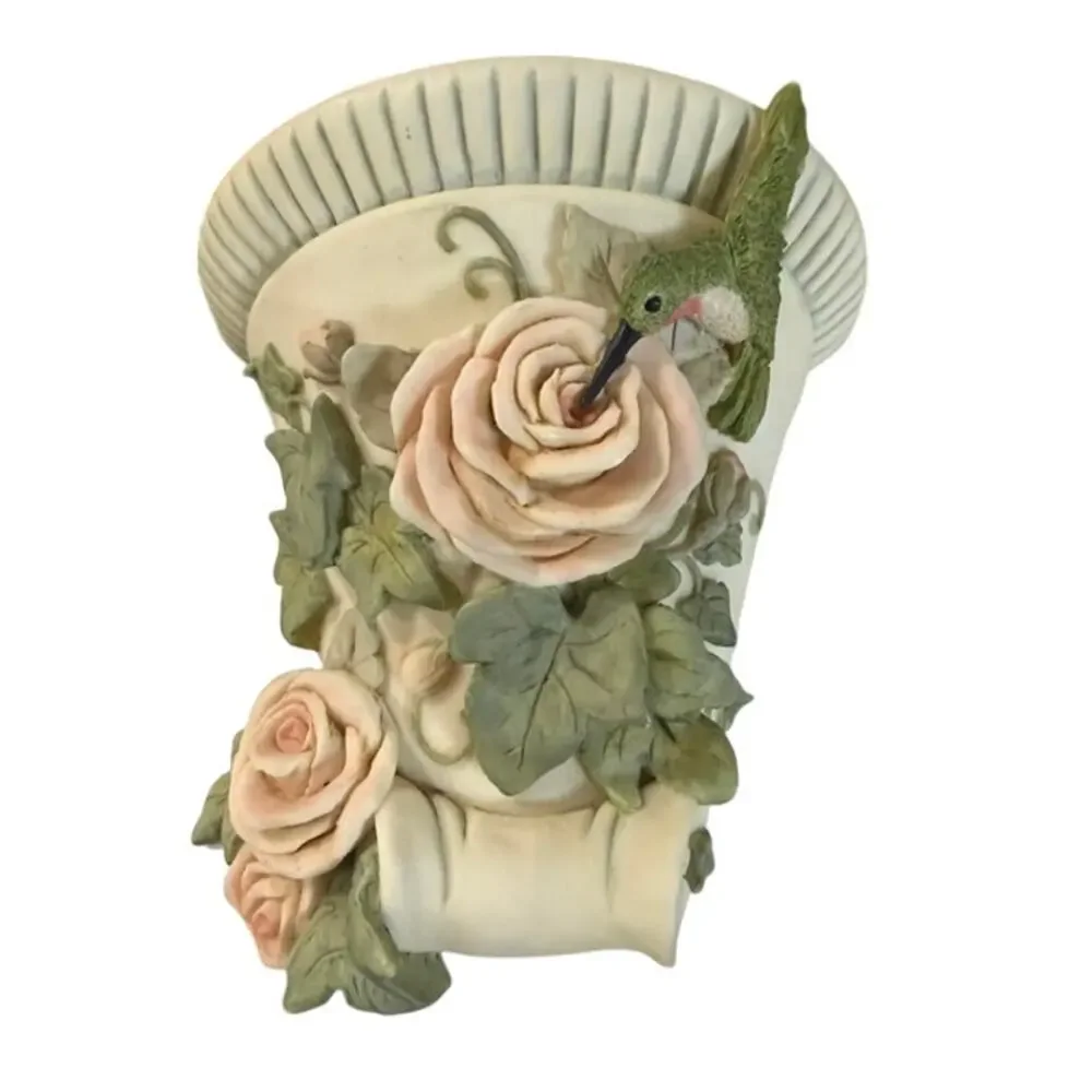 Vintage Floral Hummingbird Wall Shelf Sconce w/ Lace Resin 7