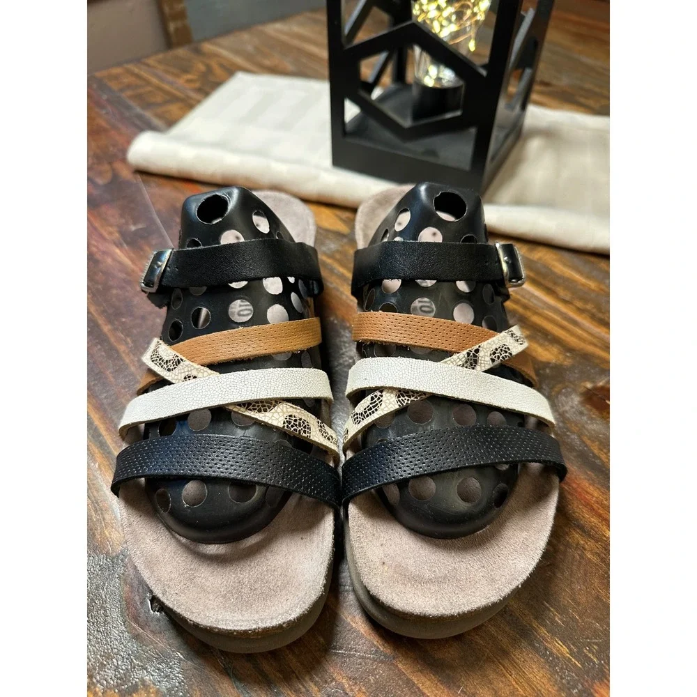 Mephisto Air-Relax Women 38 or 8 Black Leather MultiStrap Snakeskin Cork Sandal