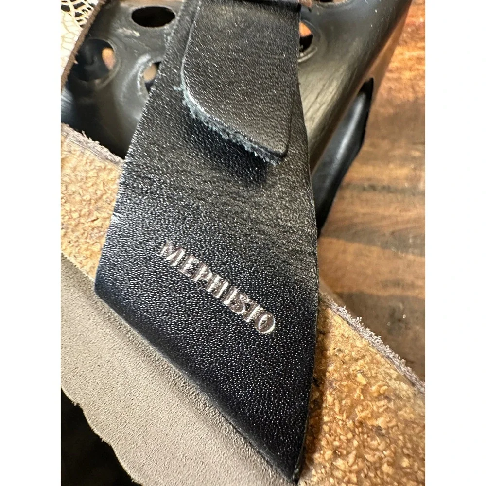 Mephisto Air-Relax Women 38 or 8 Black Leather MultiStrap Snakeskin Cork Sandal