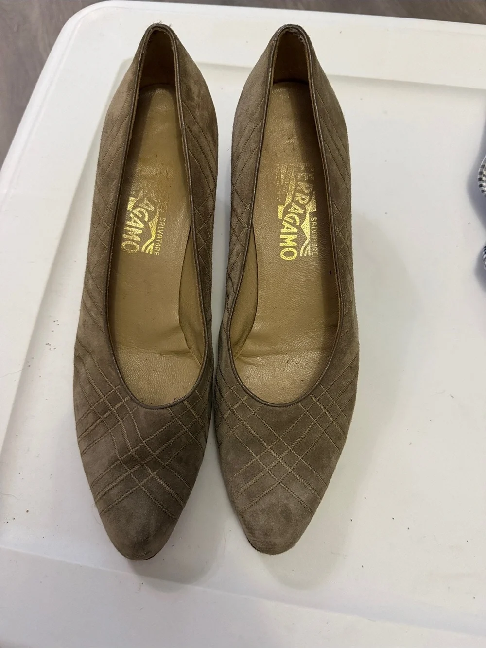 Salvatore Ferragamo Taupe Suede Quilted Pointed Square Heels Size 10AA Vintage