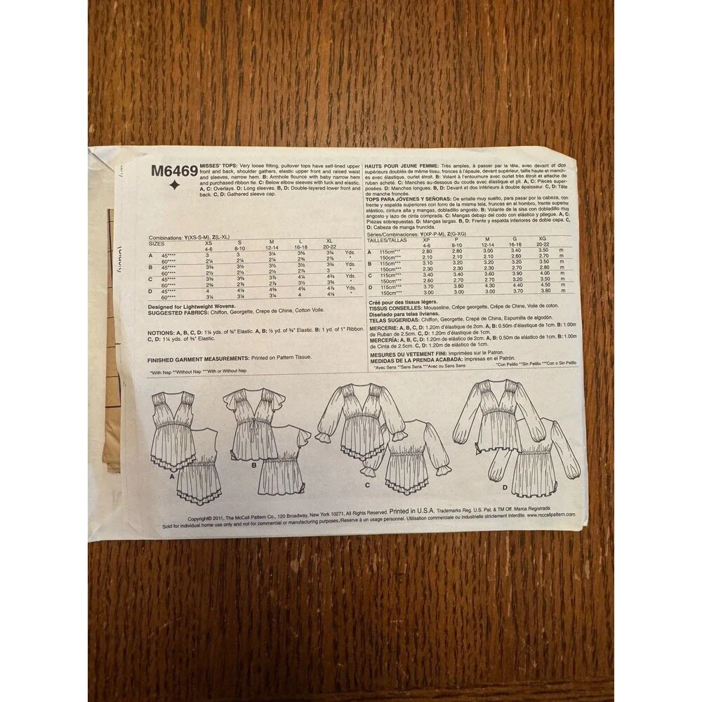 McCalls 6469 Blouse Tops Shirts Ruffles Misses Easy Sewing Pattern Sizes L XL