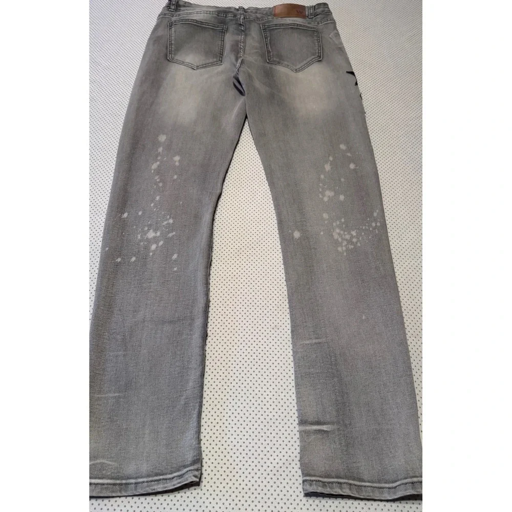 Waimea Mens Skinny Fit Gray Jeans Black Leather Star Applique Streetwear 34x32