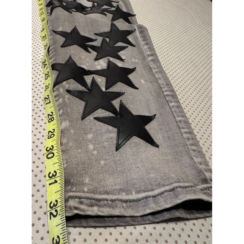 Waimea Mens Skinny Fit Gray Jeans Black Leather Star Applique Streetwear 34x32