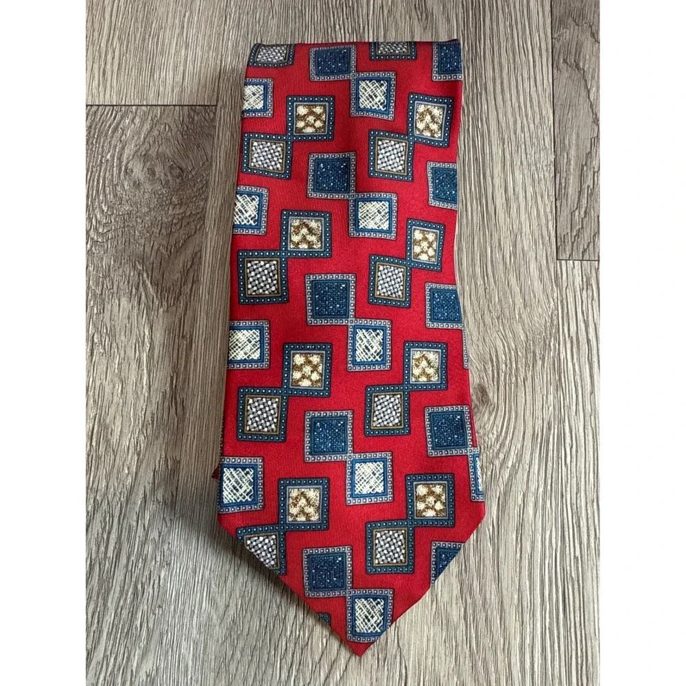 Oscar de la Renta Men's Silk Tie Red Geometric‎ Pattern Couture Collection