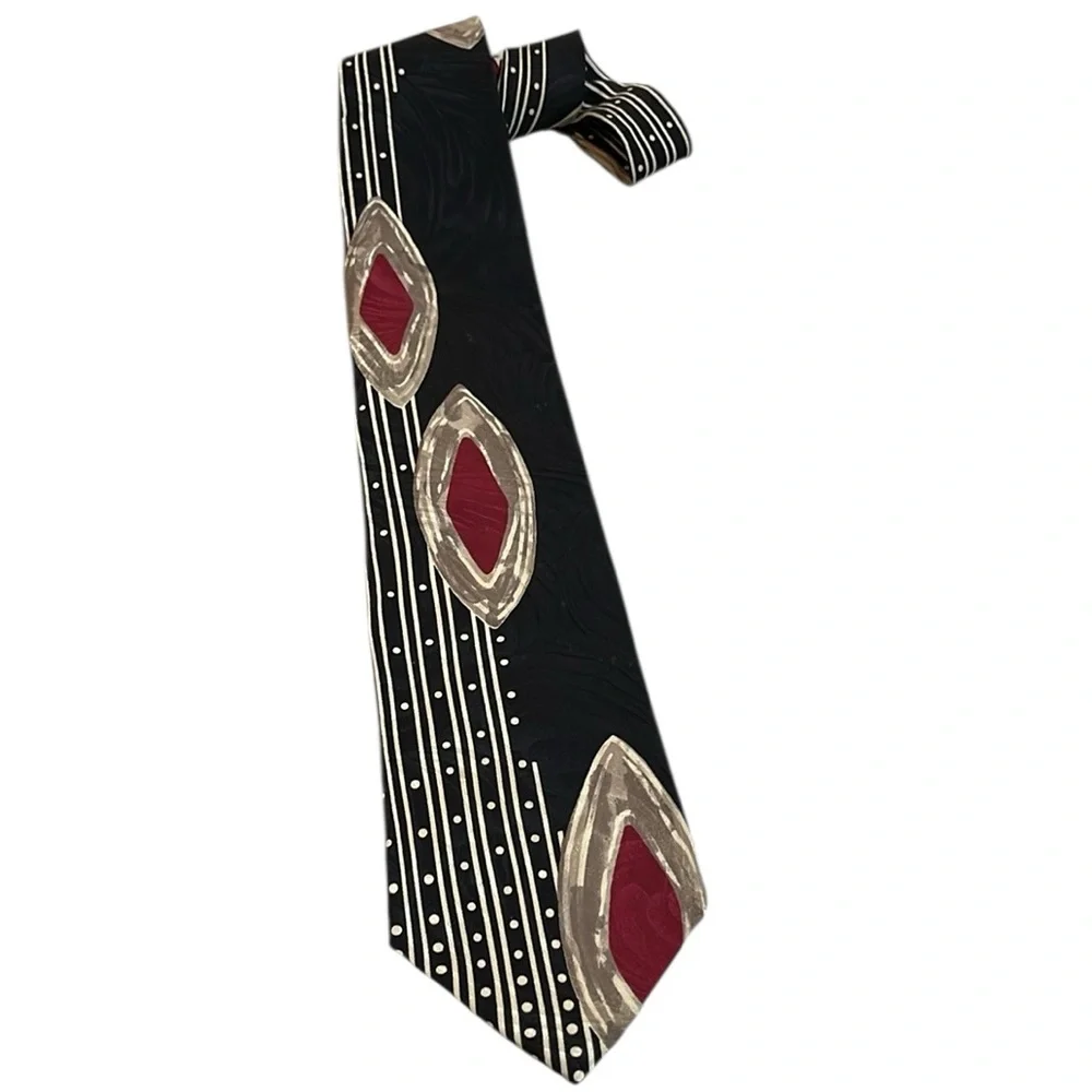 VINTAGE COUTURE BY X’ANDRINI HANDMADE WIDE SILK TIE BLACK RED CREAM BROWN