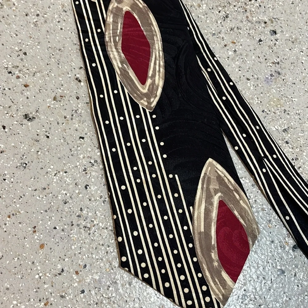 VINTAGE COUTURE BY X’ANDRINI HANDMADE WIDE SILK TIE BLACK RED CREAM BROWN