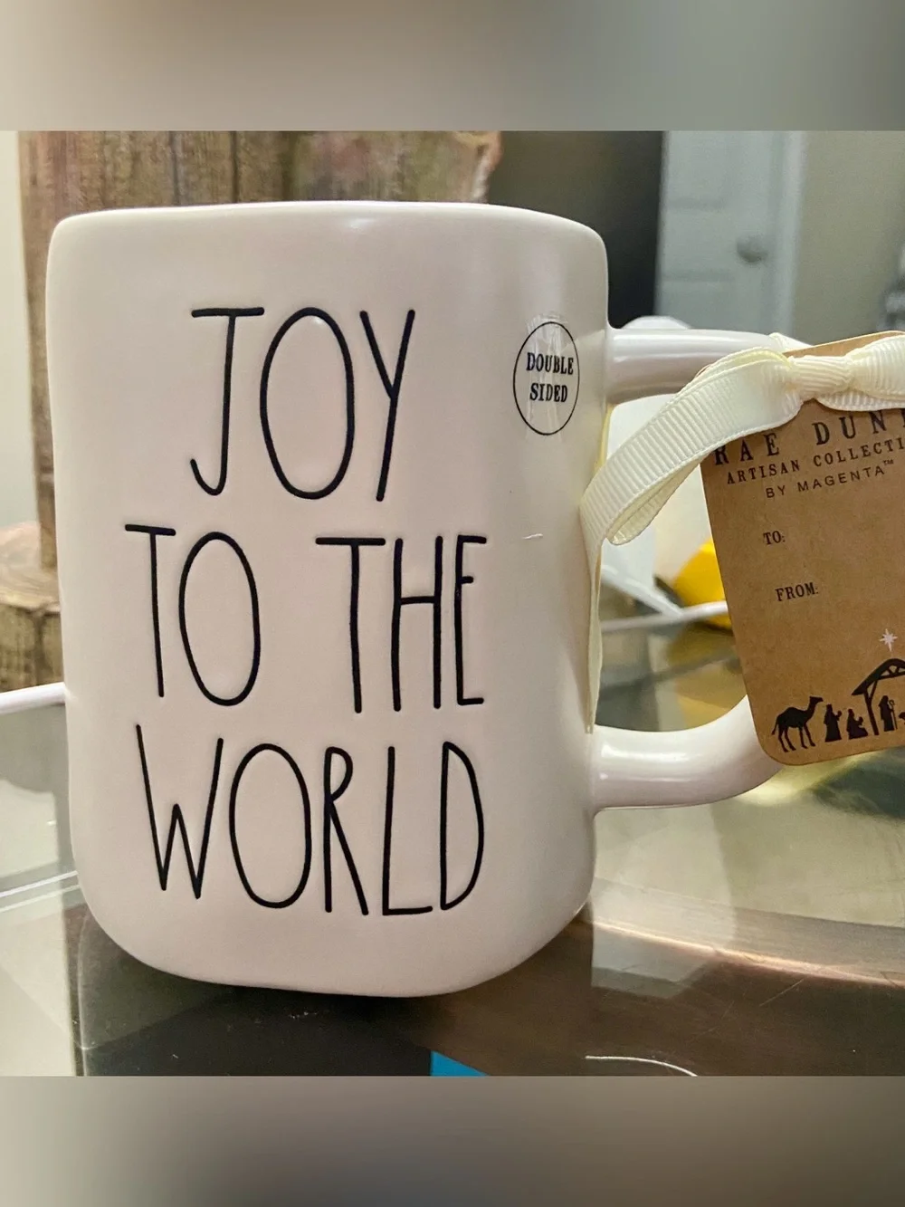 Rae Dunn Joy to the World White Ceramic Mug with Nativity Scene on other side