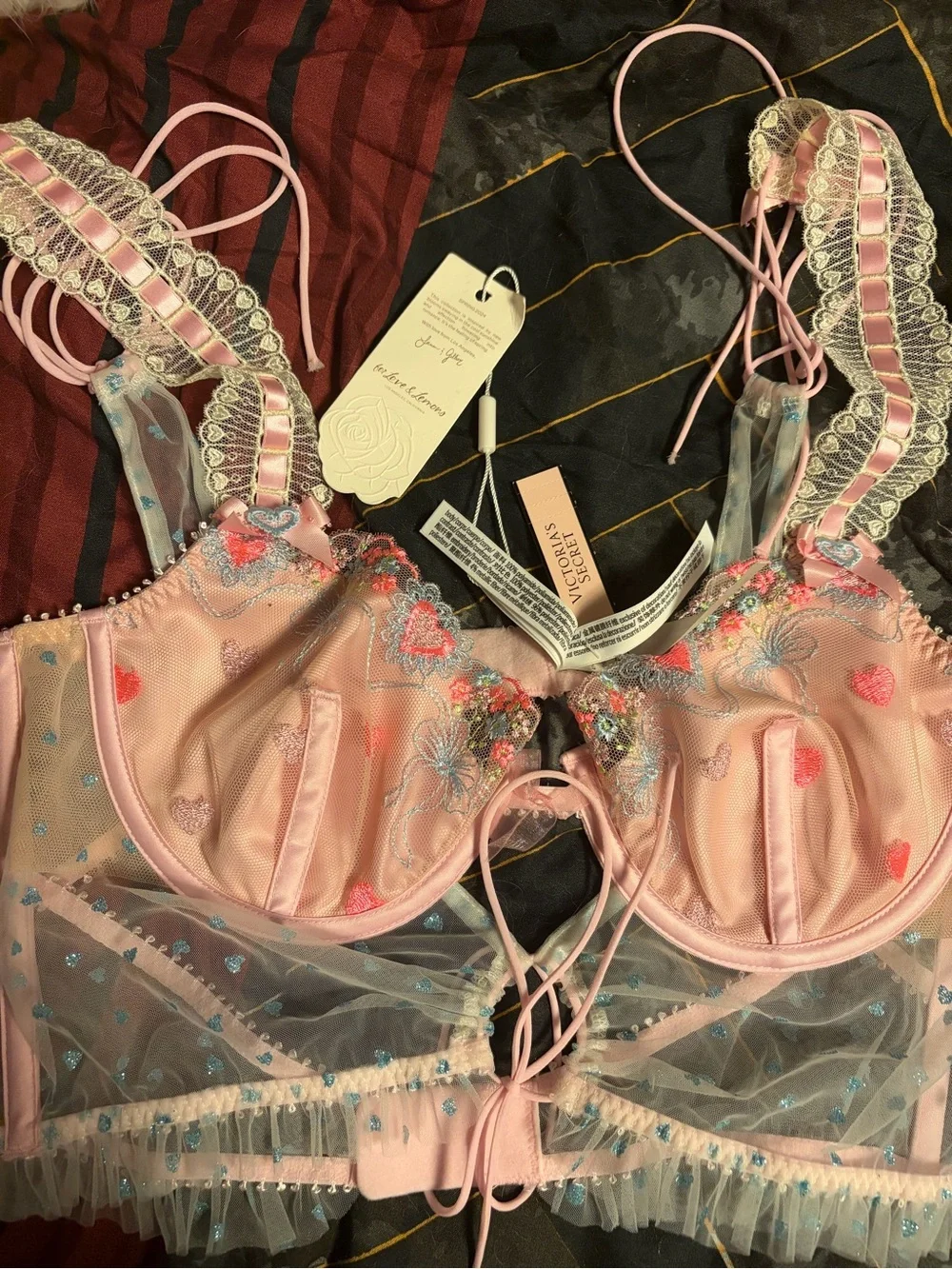 For Love & Lemons Pink Sheer Embroidered Balconette Bra with Multicolor Hearts