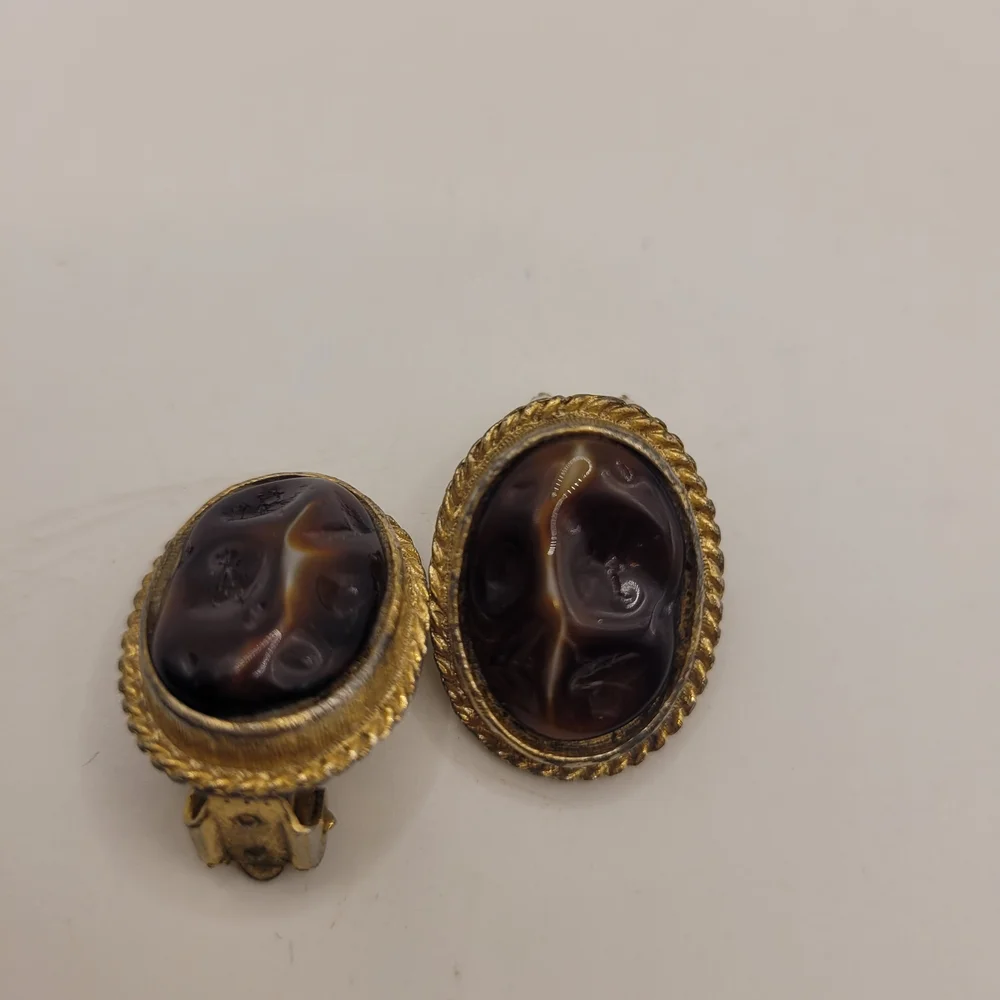 Vintage Gold and Brown Clip-On Earrings