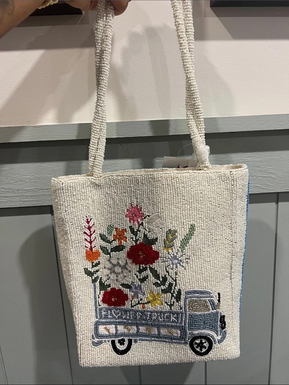 Beaded Floral Truck Tote Bag - Cream