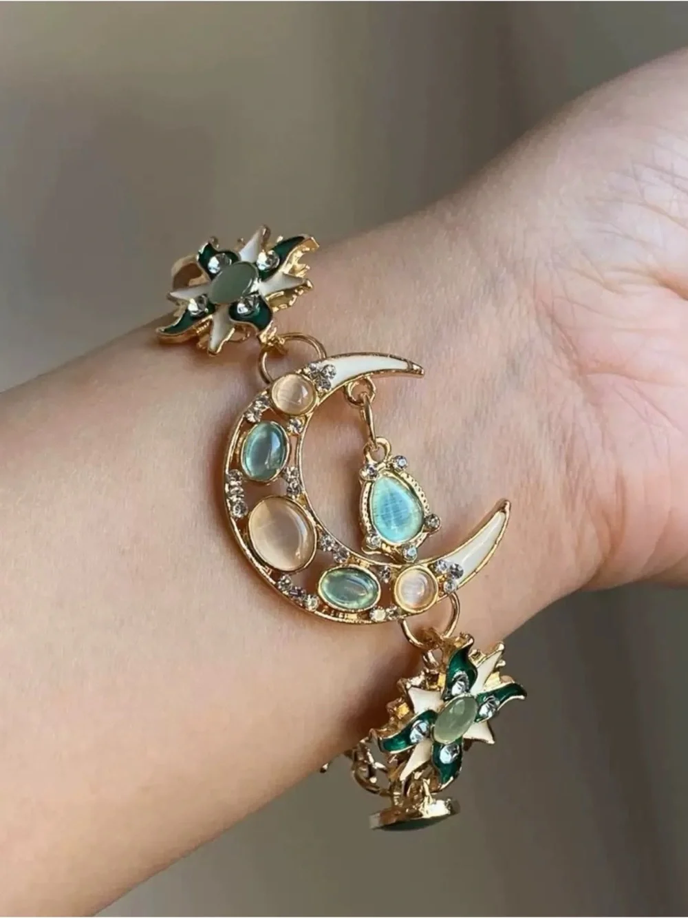 Gold Moon & Green Gemstone Bracelet - Fashion Women’s Bracelet