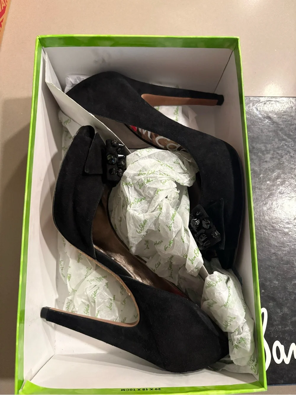 Sam Edelman Black Suede Peep-Toe Heels with Embellishment