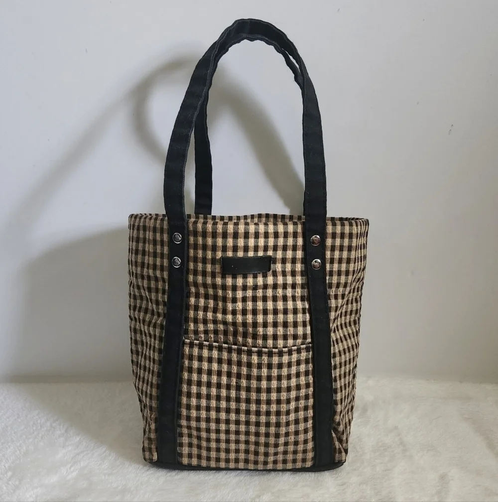 Longaberger Homestead Black Tan Checkered Plaid Tote Bag