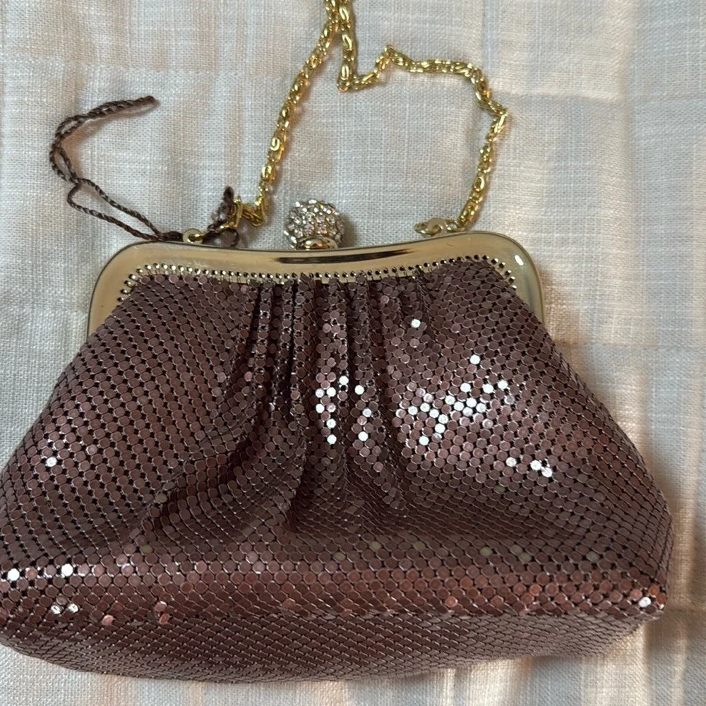 Kate Landry Copper Metal Mesh Evening Clutch Bag Rhinestone Orb Kiss Lock Gold