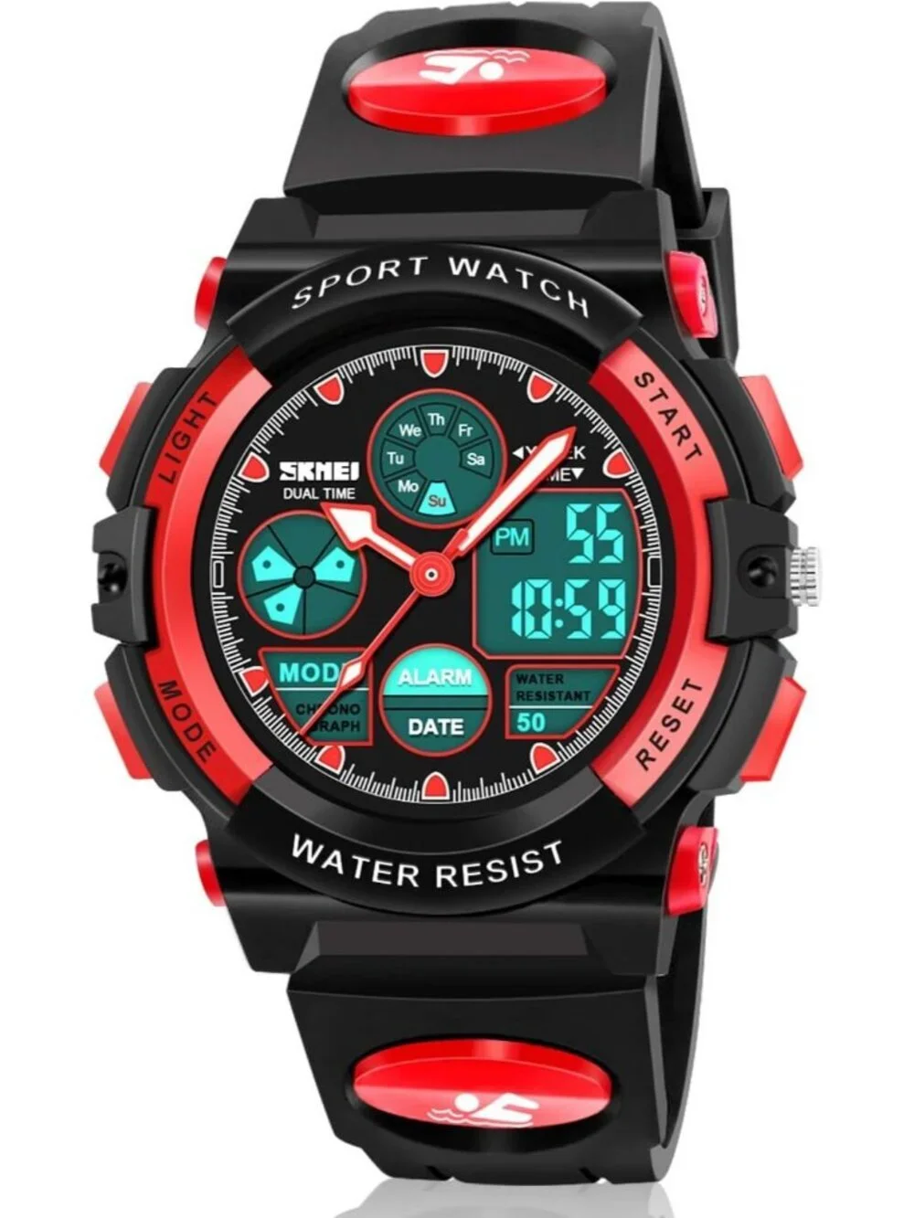Kid's Black Red Analog Quartz Multi Function Waterproof Round LED Digital Watch