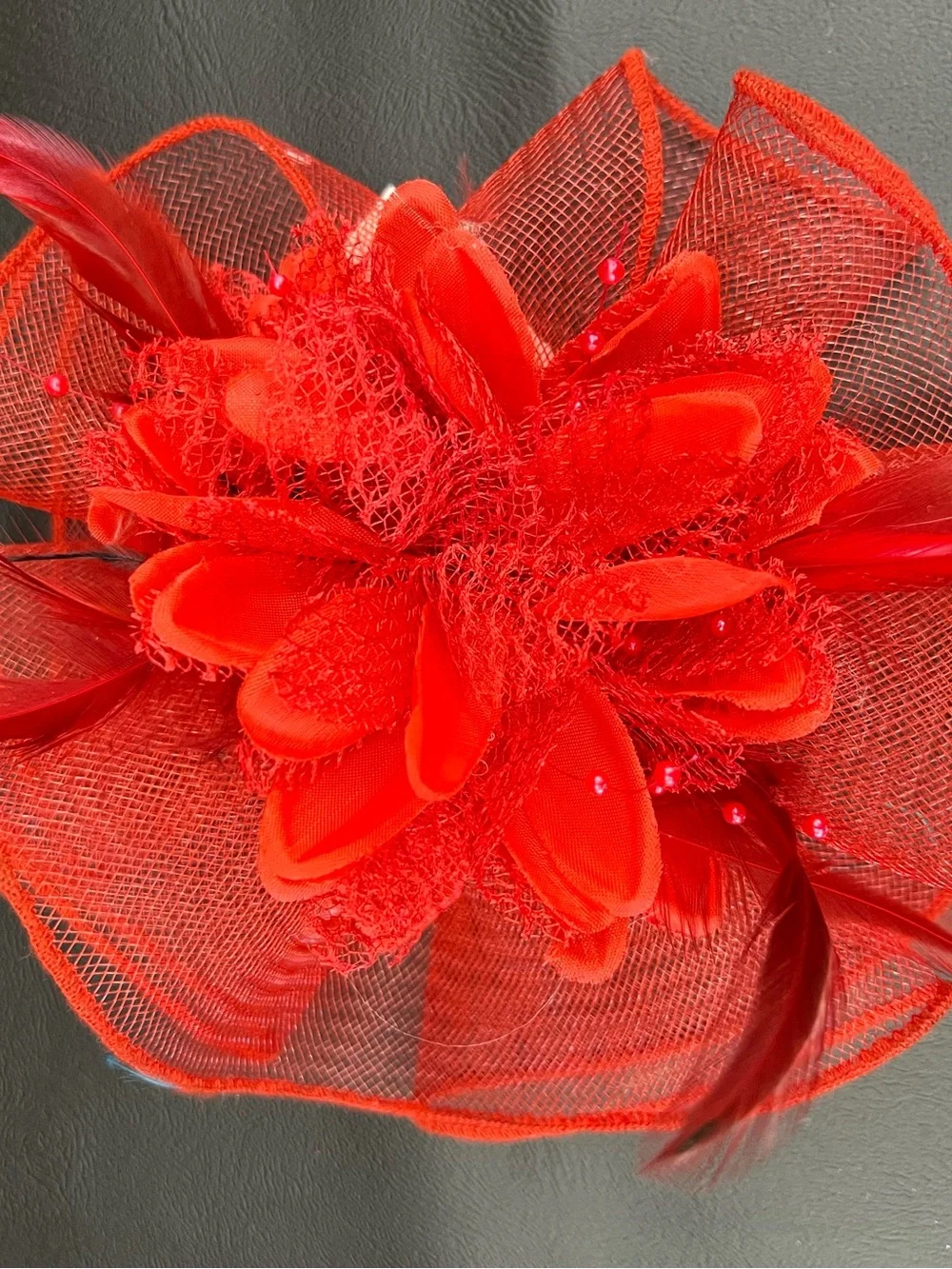 Red Floral Feather Fascinator Headpiece - Women Accessories