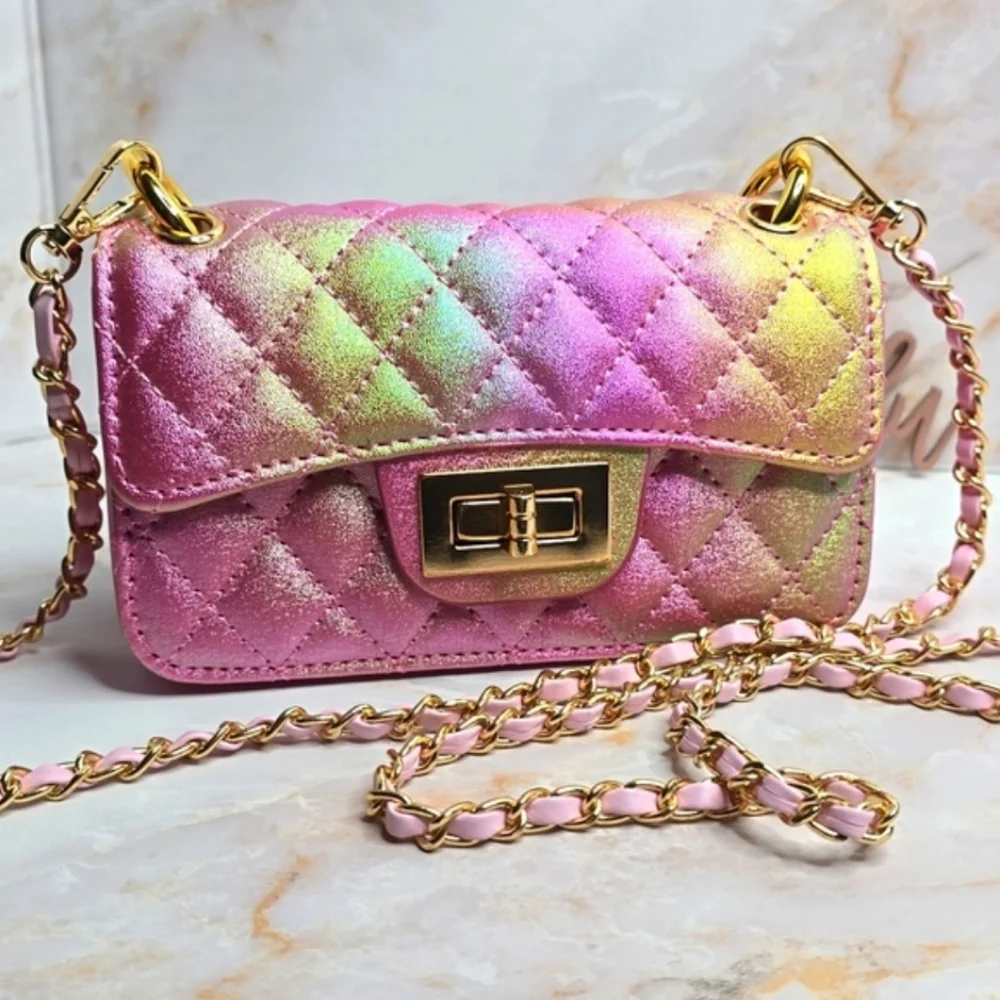 Iredesent pink rainbow mini quilted Flap Bag added pink strap and hoops