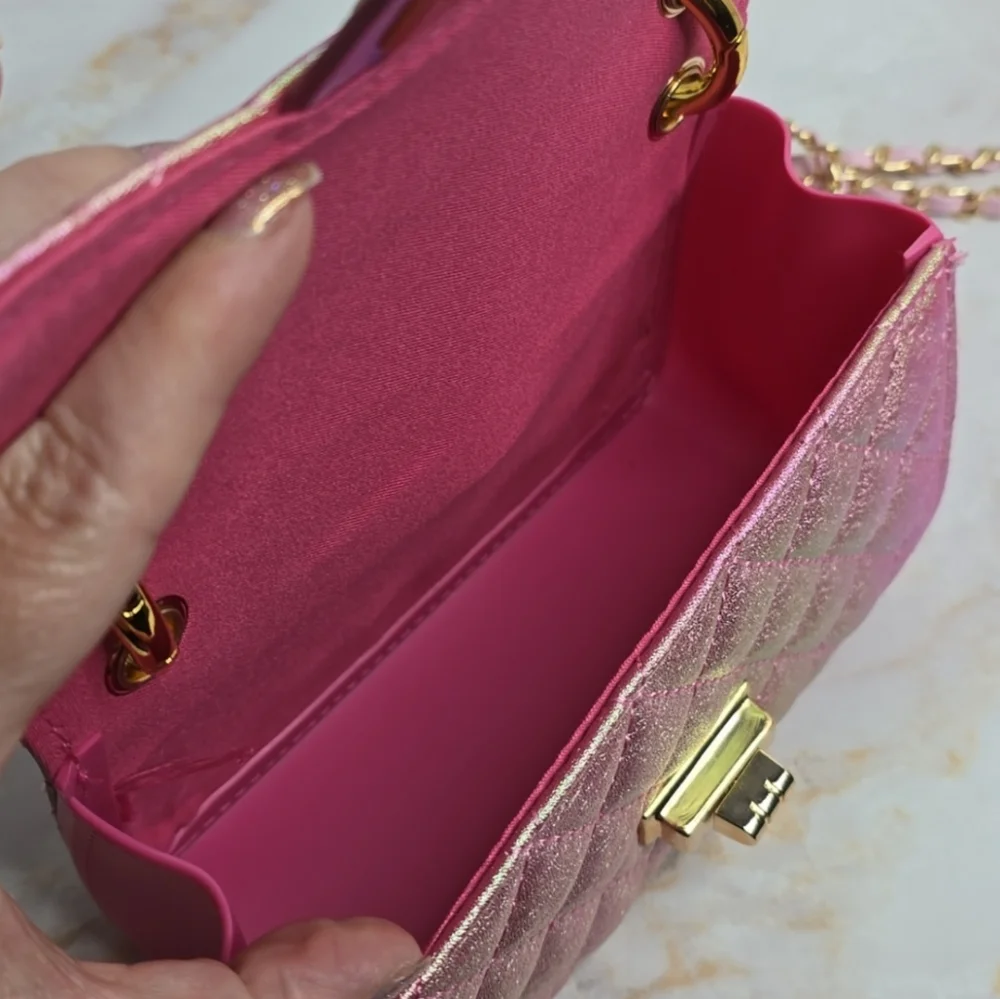 Iredesent pink rainbow mini quilted Flap Bag added pink strap and hoops
