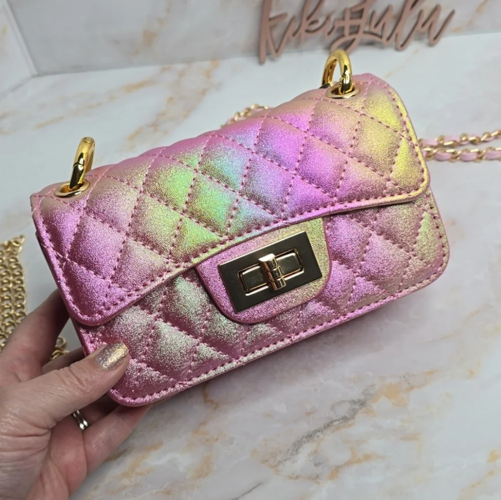 Iredesent pink rainbow mini quilted Flap Bag added pink strap and hoops