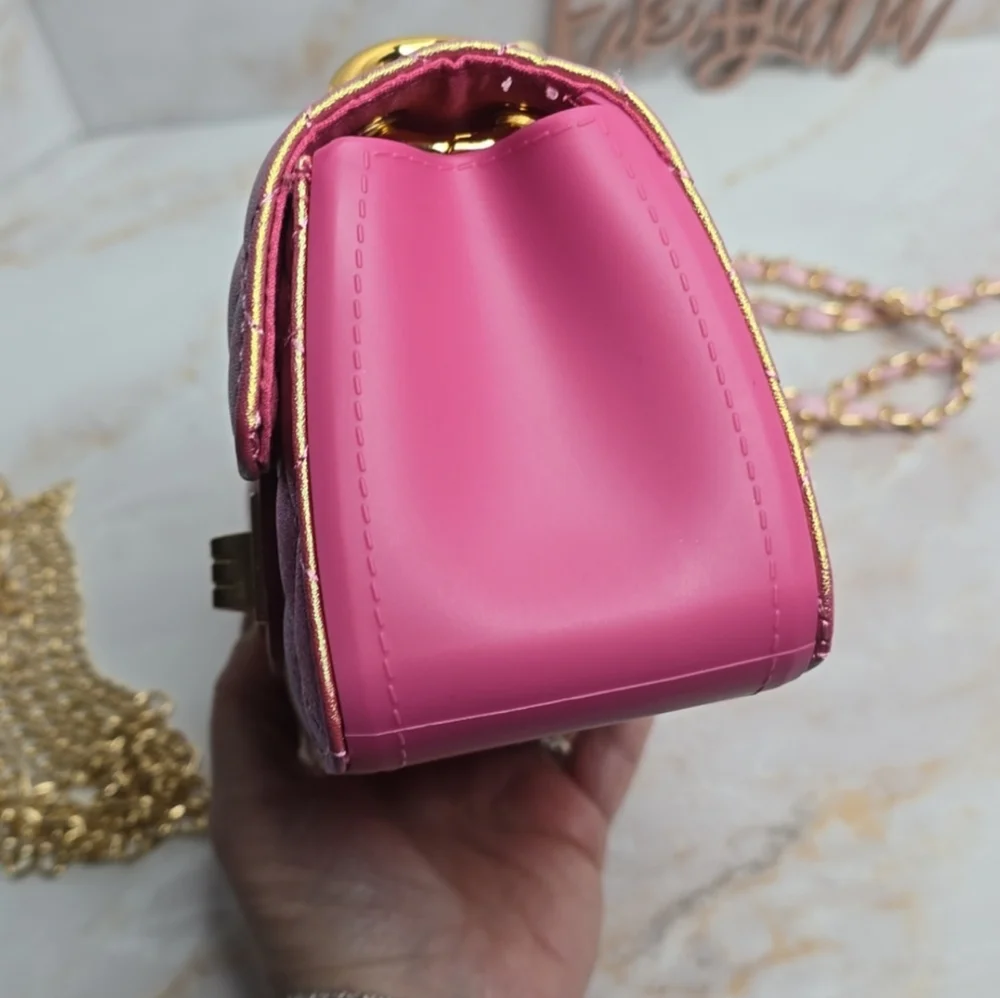Iredesent pink rainbow mini quilted Flap Bag added pink strap and hoops