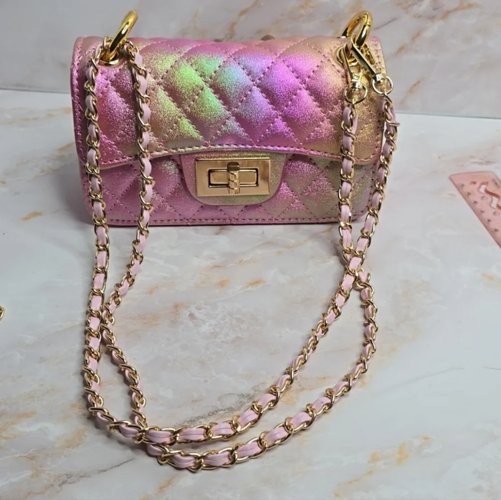 Iredesent pink rainbow mini quilted Flap Bag added pink strap and hoops