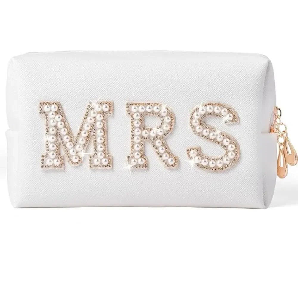NEW MRS White Makeup Bag with Gold and Pearl Monogram Patches Large Size