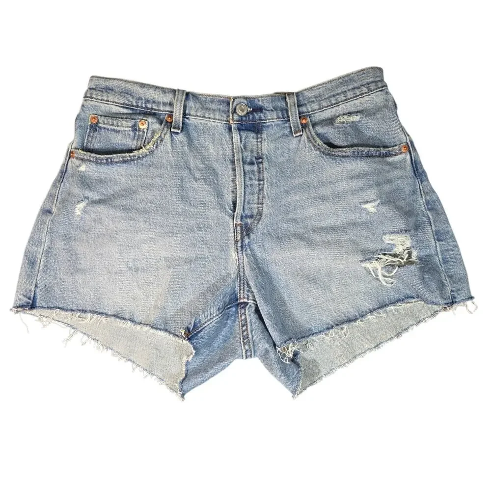 Levis 501 Curve Button Fly Distressed Denim Shorts Blue W32 High Rise Cut Offs