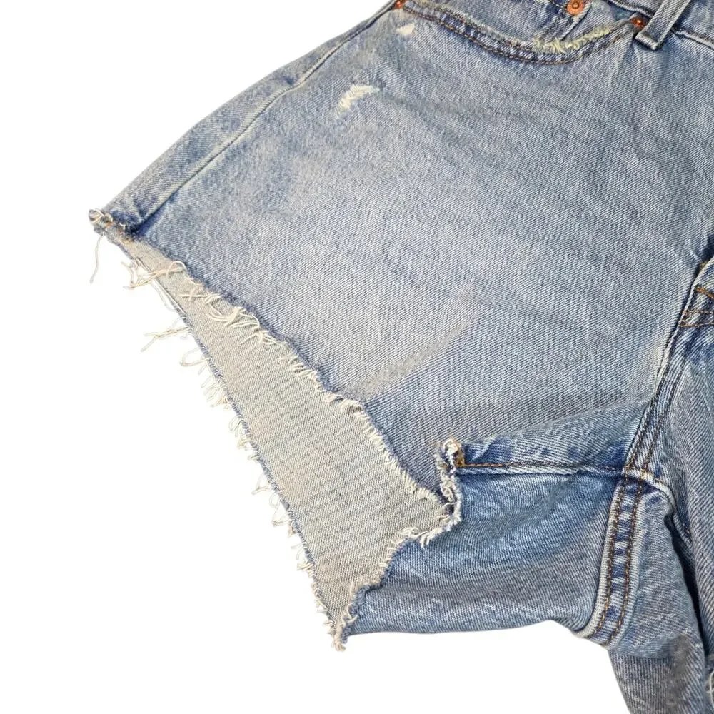 Levis 501 Curve Button Fly Distressed Denim Shorts Blue W32 High Rise Cut Offs