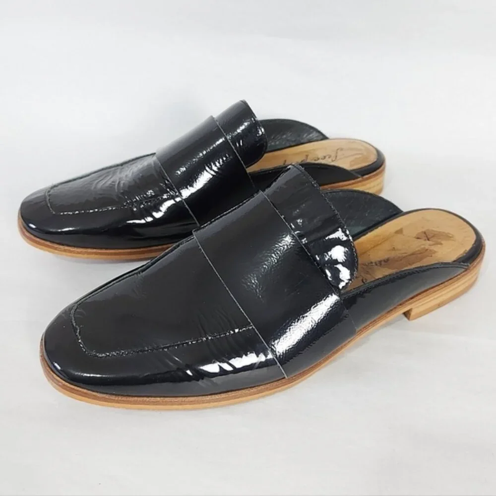 Free People At Ease Loafers 37 EU Black Patent Leather Glossy Mule Comfy Slip-On