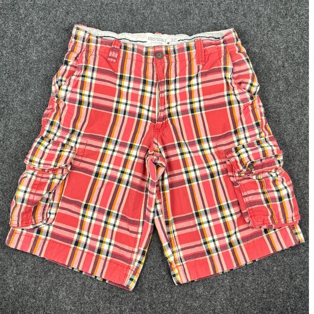 Aeropostale Mens Red‎ Plaid Cargo Shorts Size 32 Authentic Cargo Multi Pocket