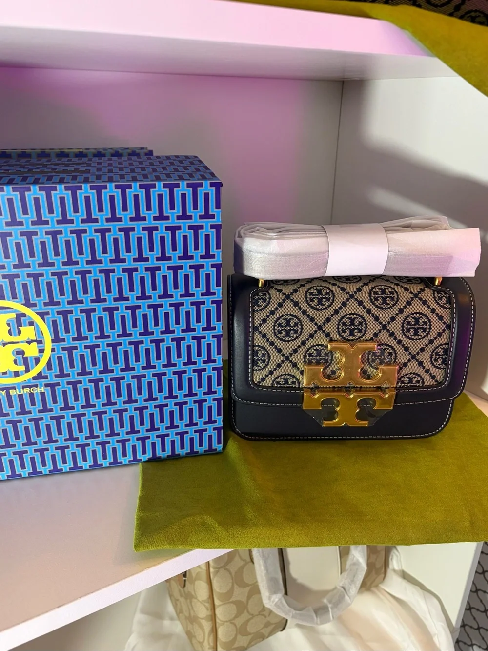 Tory Burch Beige Canvas Logo Crossbody with Black Leather Trim