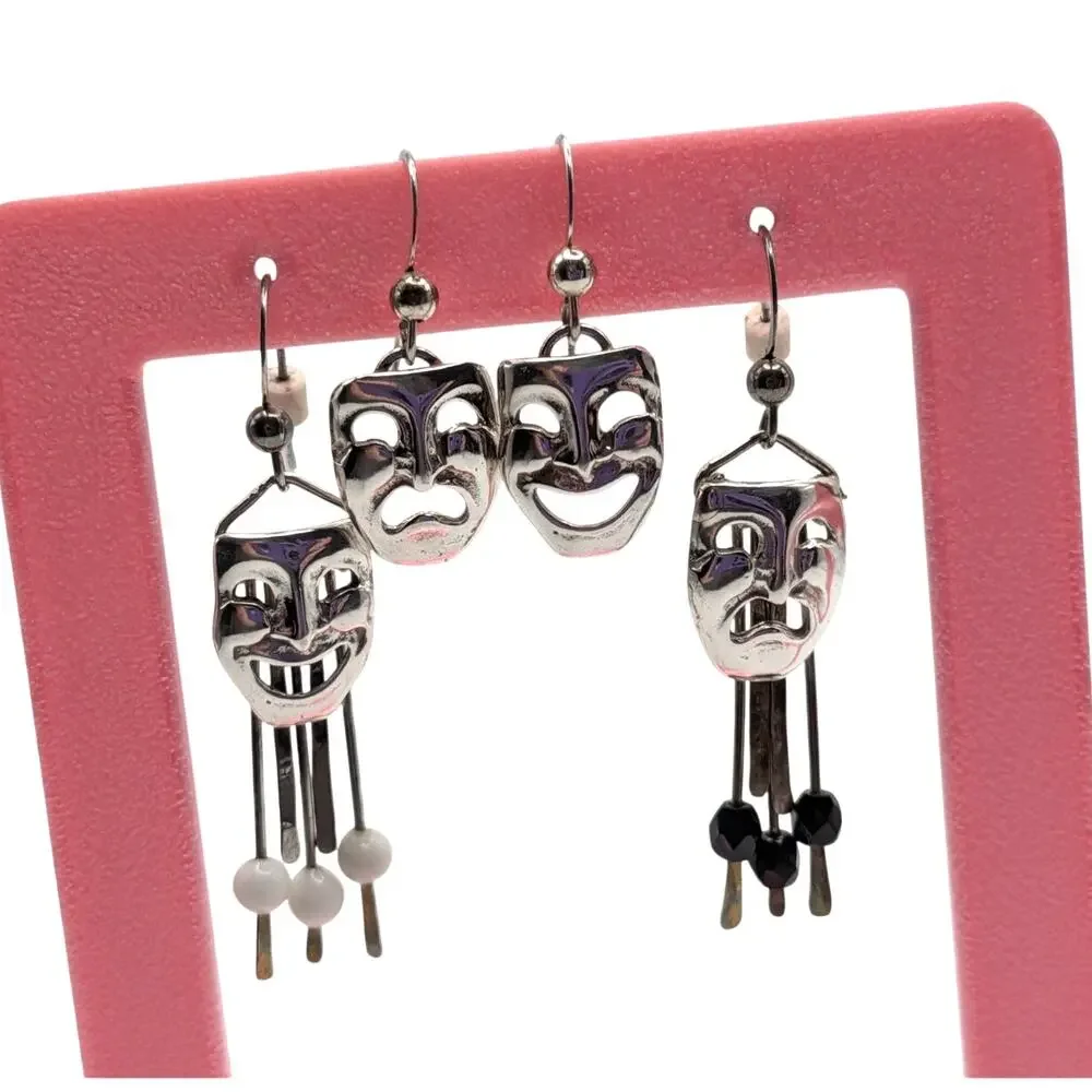 STERLING Silver Comedy Tragedy Theater Mask Dangle Earrings Drama Jewelry Gift