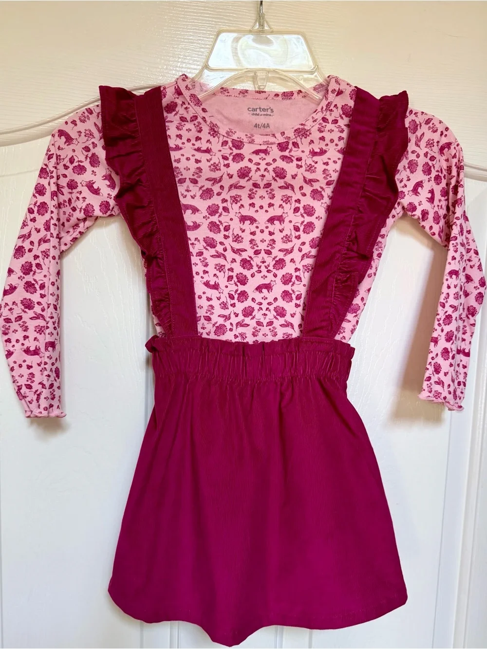 Carter’s Child of Mine 4T 2PC Corduroy Jumper Dress Fox Floral Ruffle Pinafore