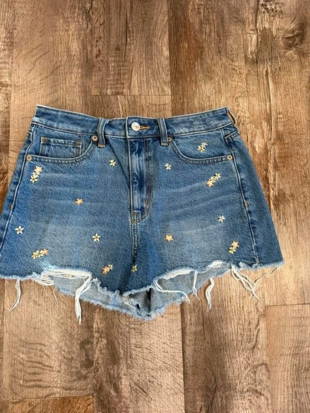 American Eagle Outfitters Blue Denim High-Rise Embroidered Flower Shorts