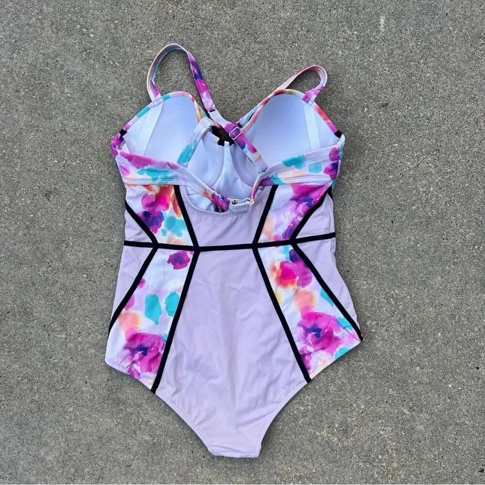 Torrid Slim Fix Underwire Piping One Piece Swimsuit Purple Floral Water 0 D/DD