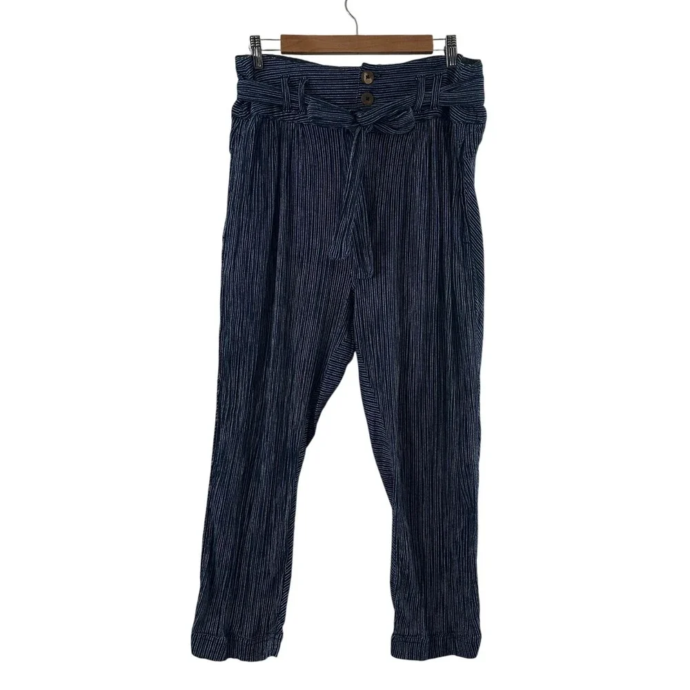Free People Pinstripe Paperbag Cotton Tapered Pants Navy Blue White Size 10 Boho