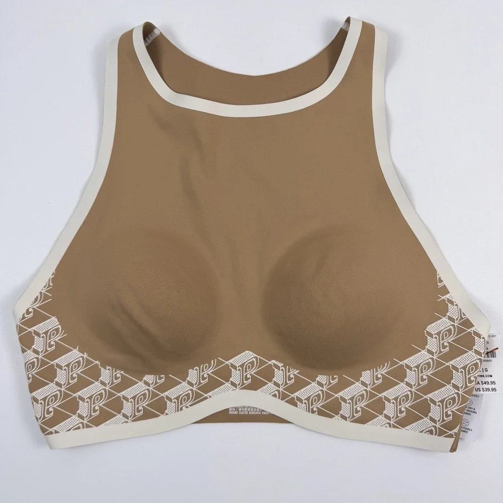 Victoria's Secret PINK Relay High Neck Racerback Sports Bra Tan Logo L NWT
