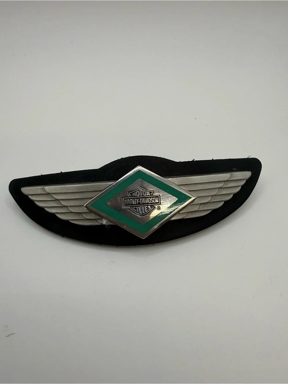 Vintage Harley-Davidson Winged Logo Leather Hair Barrette Clip Green Silver 4.5”
