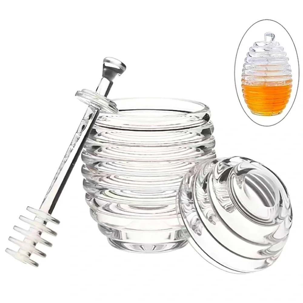 Transparent Honey Jar With Dipper & Lid Beehive Style Honey Acrylic Pot Tea