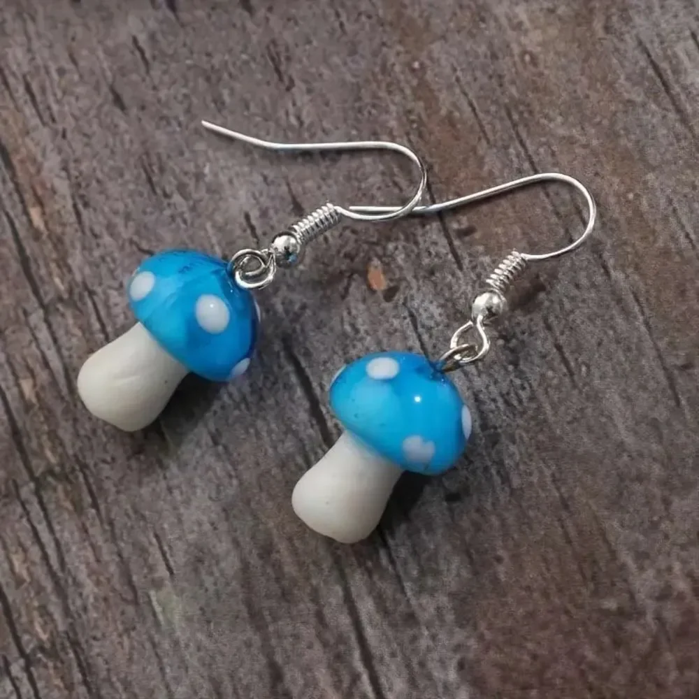 Blue Glass Mushroom Earrings
