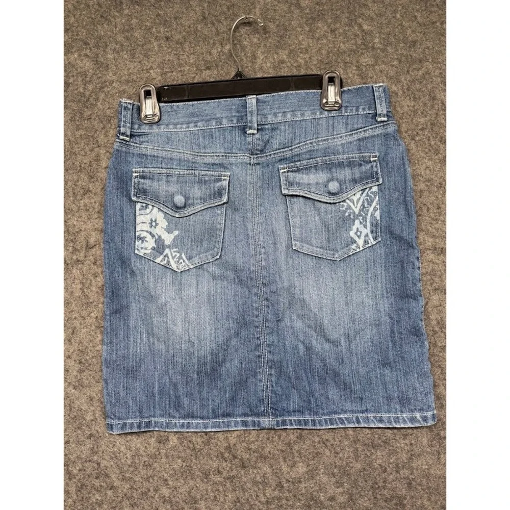 Denim Blue Jean Mini Skirt‎ Medium Wash Paisley Graphic Back Pockets Women 15.5W