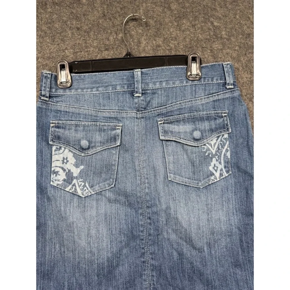 Denim Blue Jean Mini Skirt‎ Medium Wash Paisley Graphic Back Pockets Women 15.5W