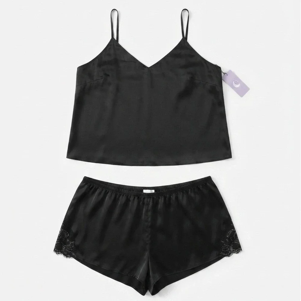 Joyspun Womens 3X Black Satin Pajama Set Cami and Lace Trim Shorts 2 Piece NWT